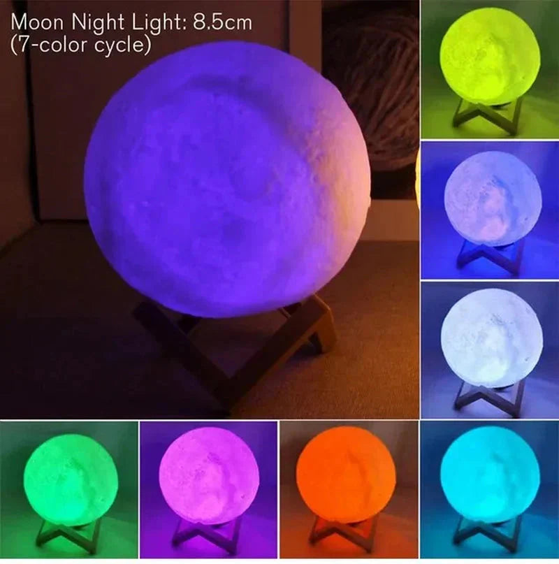 Starry Moon Night Light – 8cm LED Lamp with Wood Stand