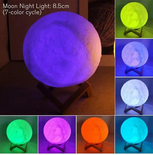 Starry Moon Night Light – 8cm LED Lamp with Wood Stand