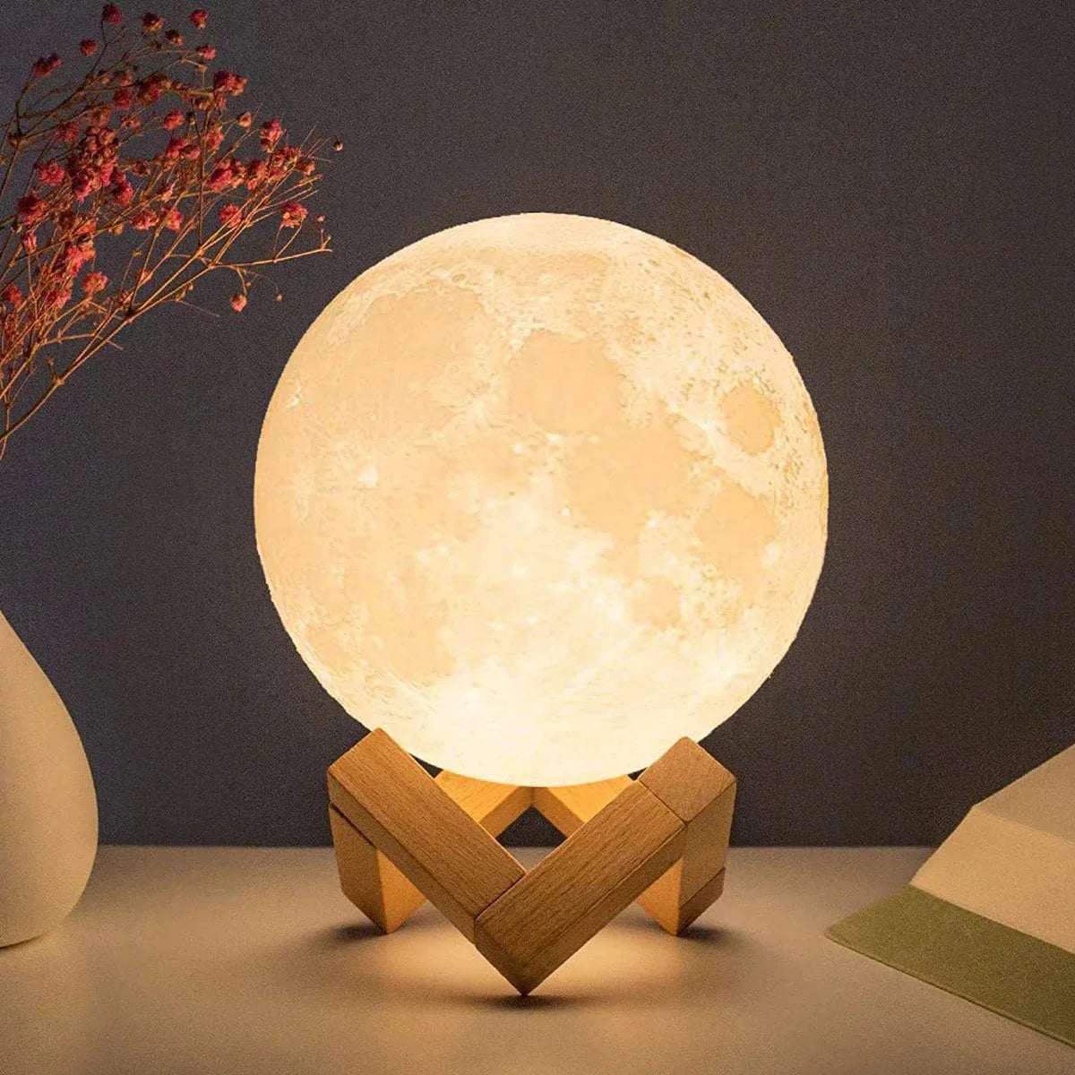 Starry Moon Night Light – 8cm LED Lamp with Wood Stand