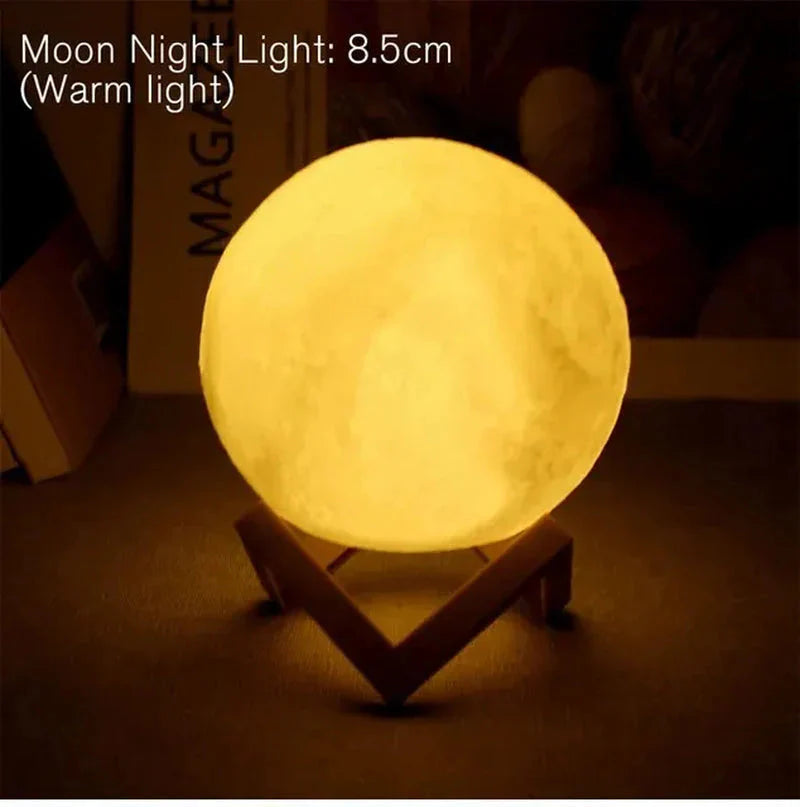 Starry Moon Night Light – 8cm LED Lamp with Wood Stand