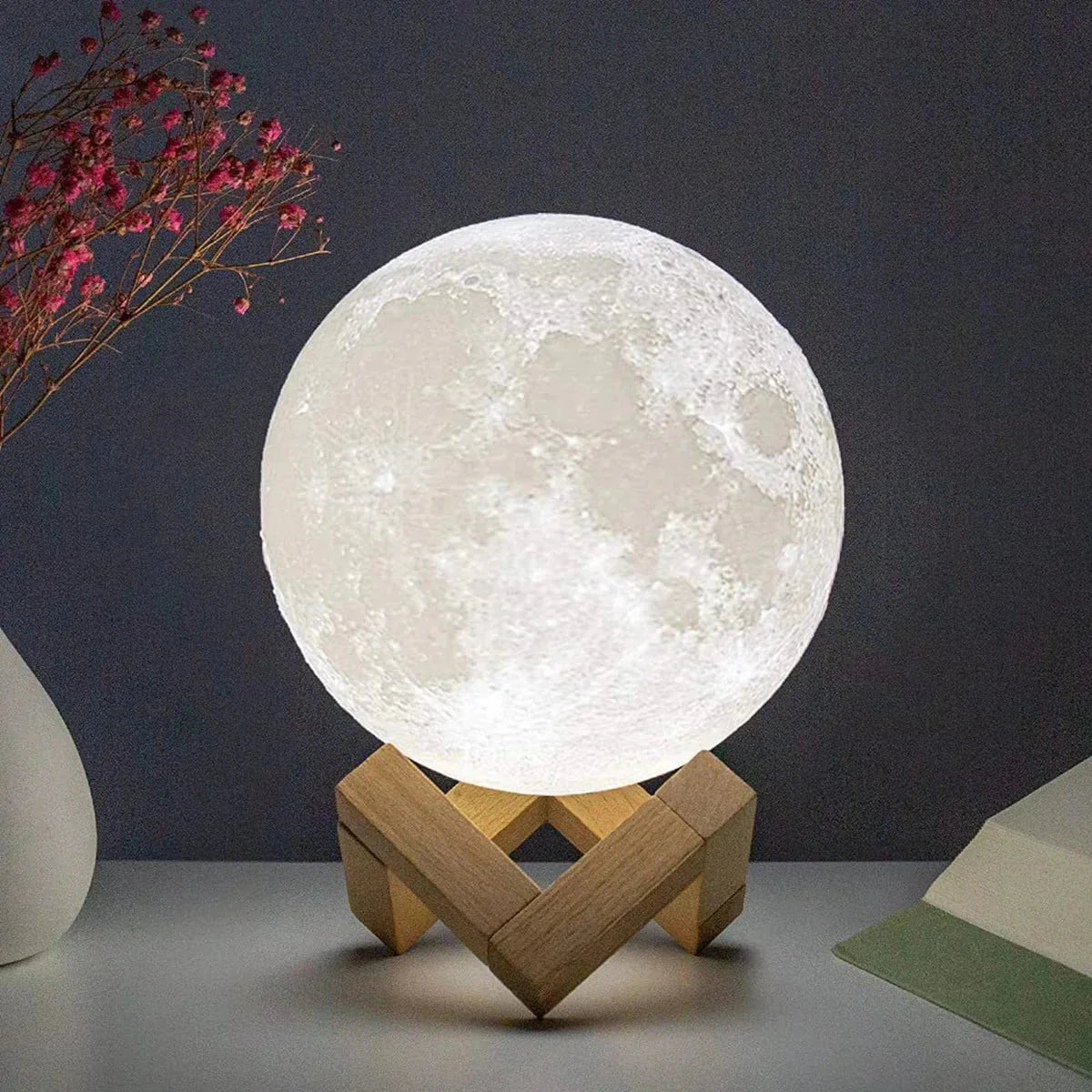 Starry Moon Night Light – 8cm LED Lamp with Wood Stand