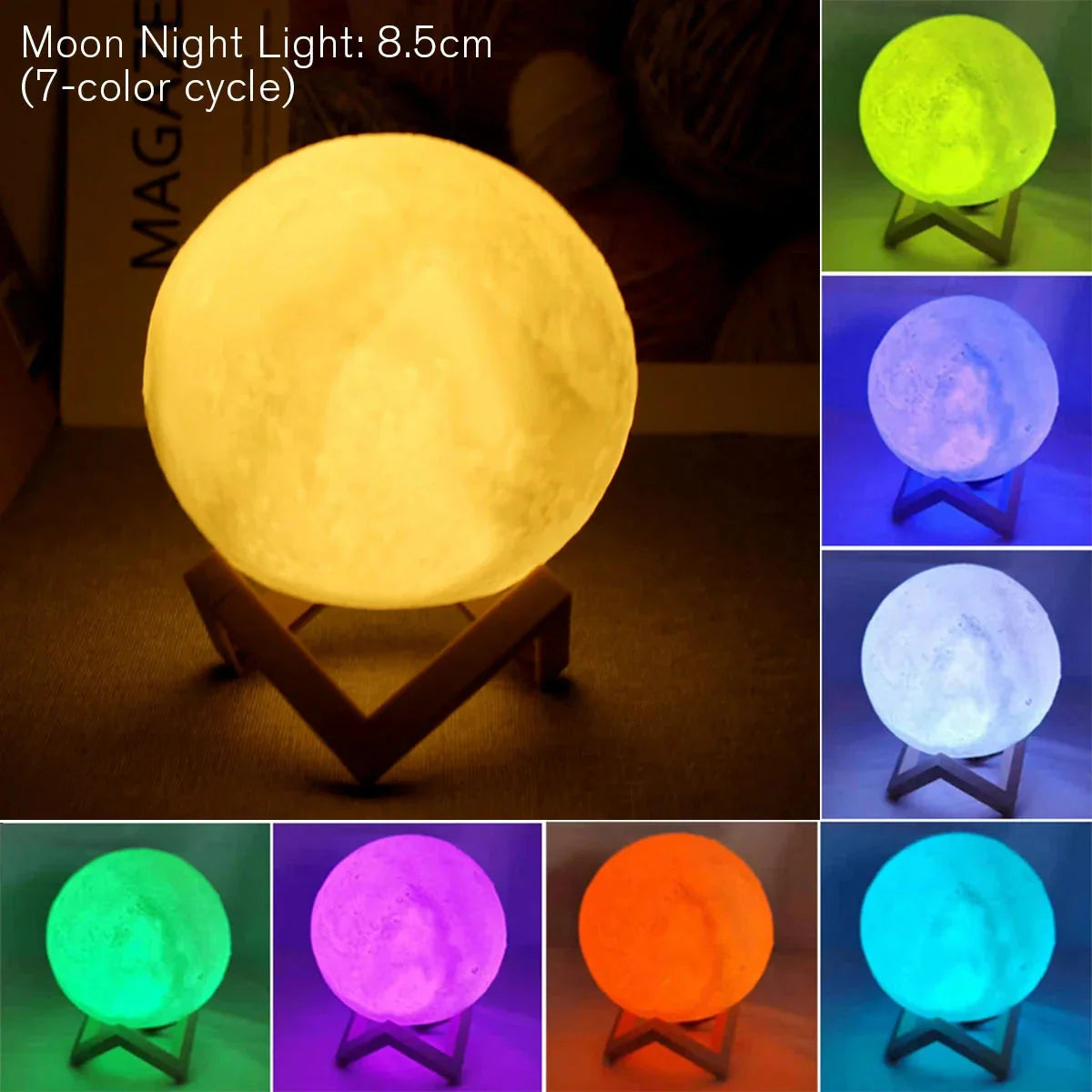 Starry Moon Night Light – 8cm LED Lamp with Wood Stand