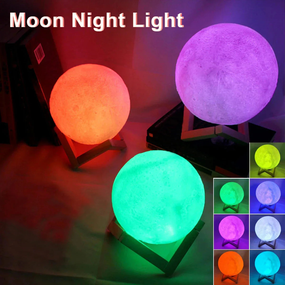 Starry Moon Night Light – 8cm LED Lamp with Wood Stand